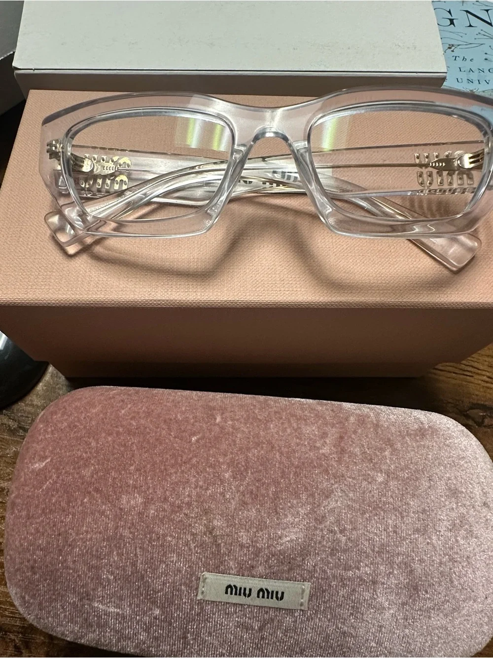 Miu Miu Clear Frame Sunglasses with Pink Velvet Case